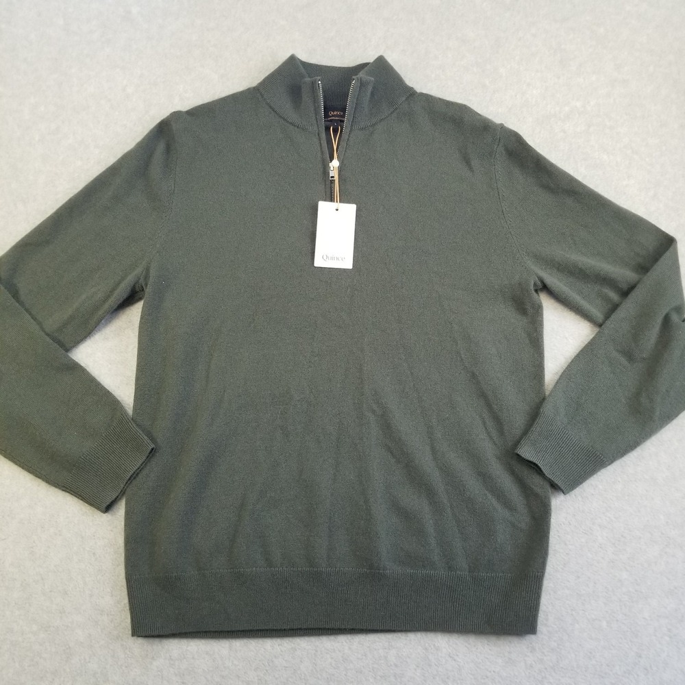 Quince Sweater Mens Large Green 100% Mongolian Cashmere 1/4 Zip Neck
